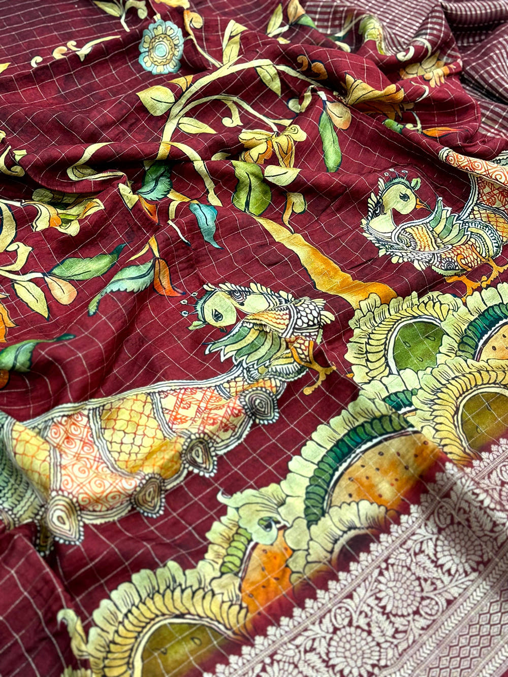 Deep Maroon Pure Viscose Kalalmkari Print Saree
