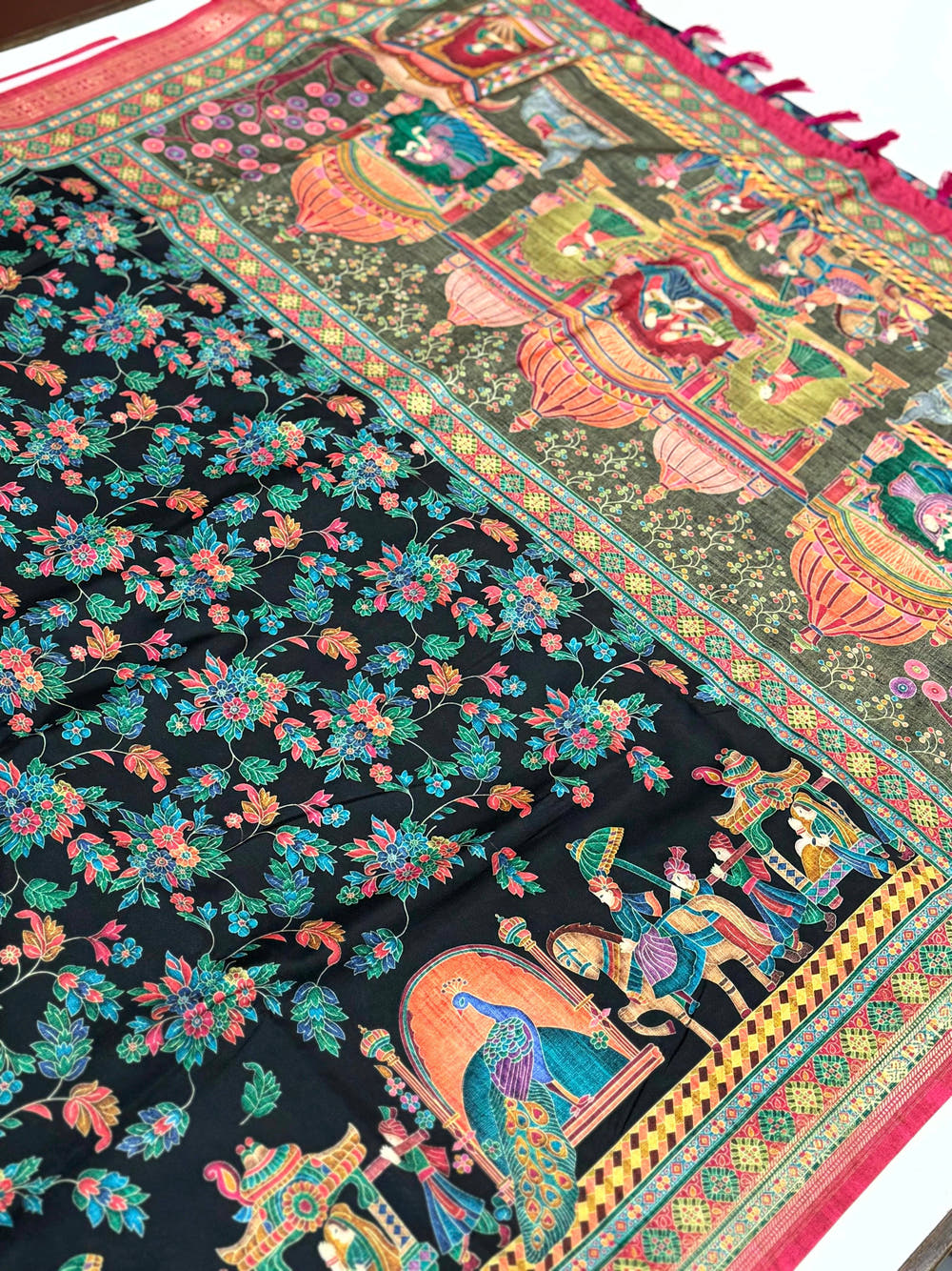 Black Soft Silk Pashmina Kashmiri Print Saree