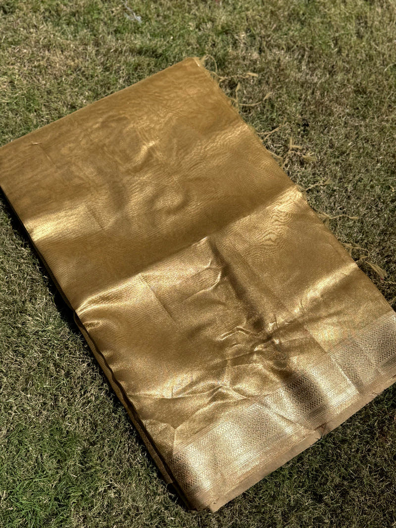 Elegant Brown Gold Zari Tissue Saree