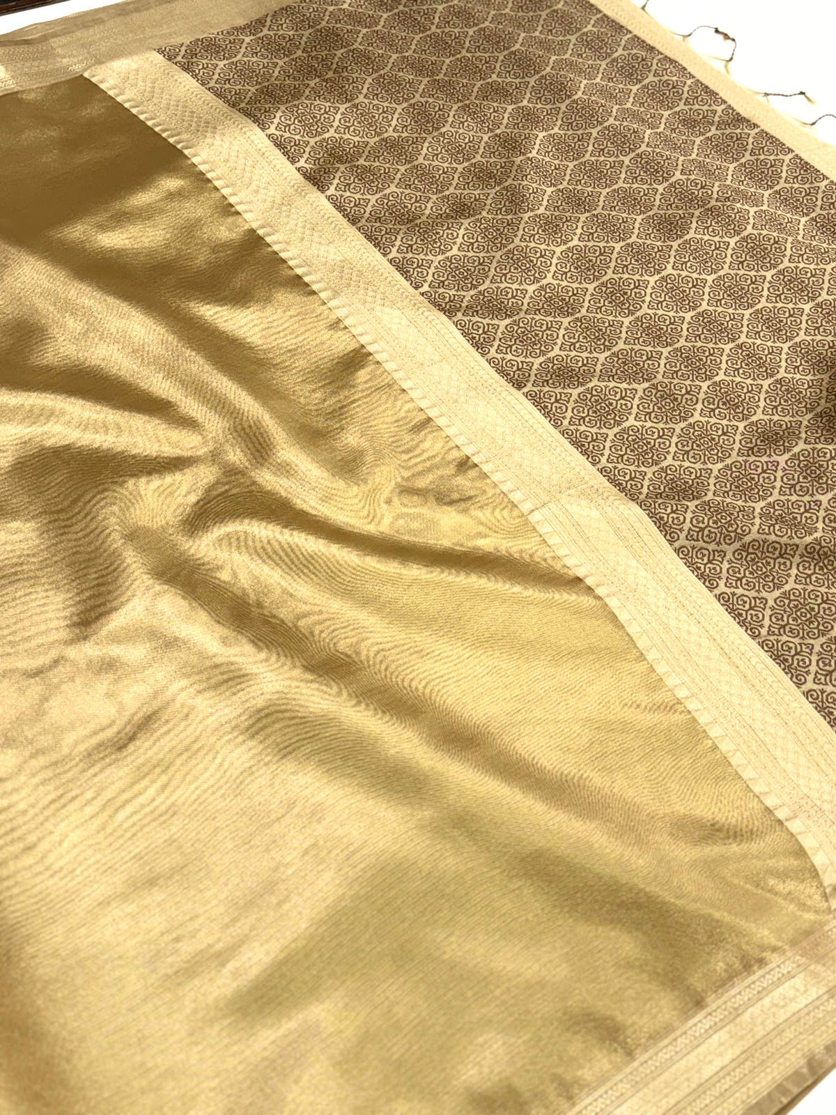 Elegant Brown Gold Zari Tissue Saree