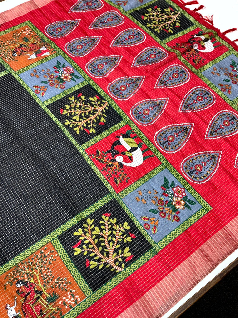 Black Tussar Kalalmkari Print Saree