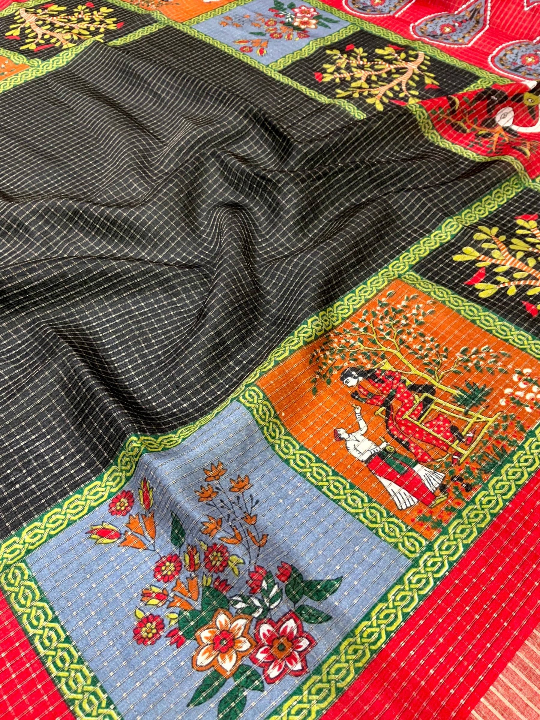 Black Tussar Kalalmkari Print Saree