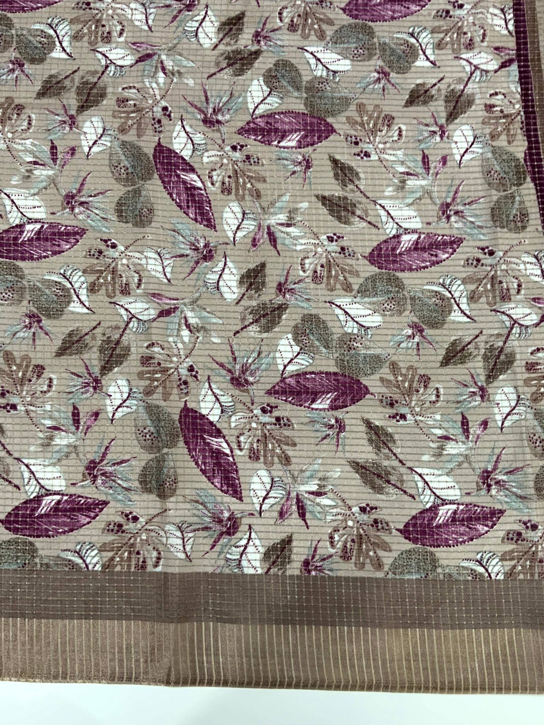 Taupe Tussar Chex Floral Print Saree