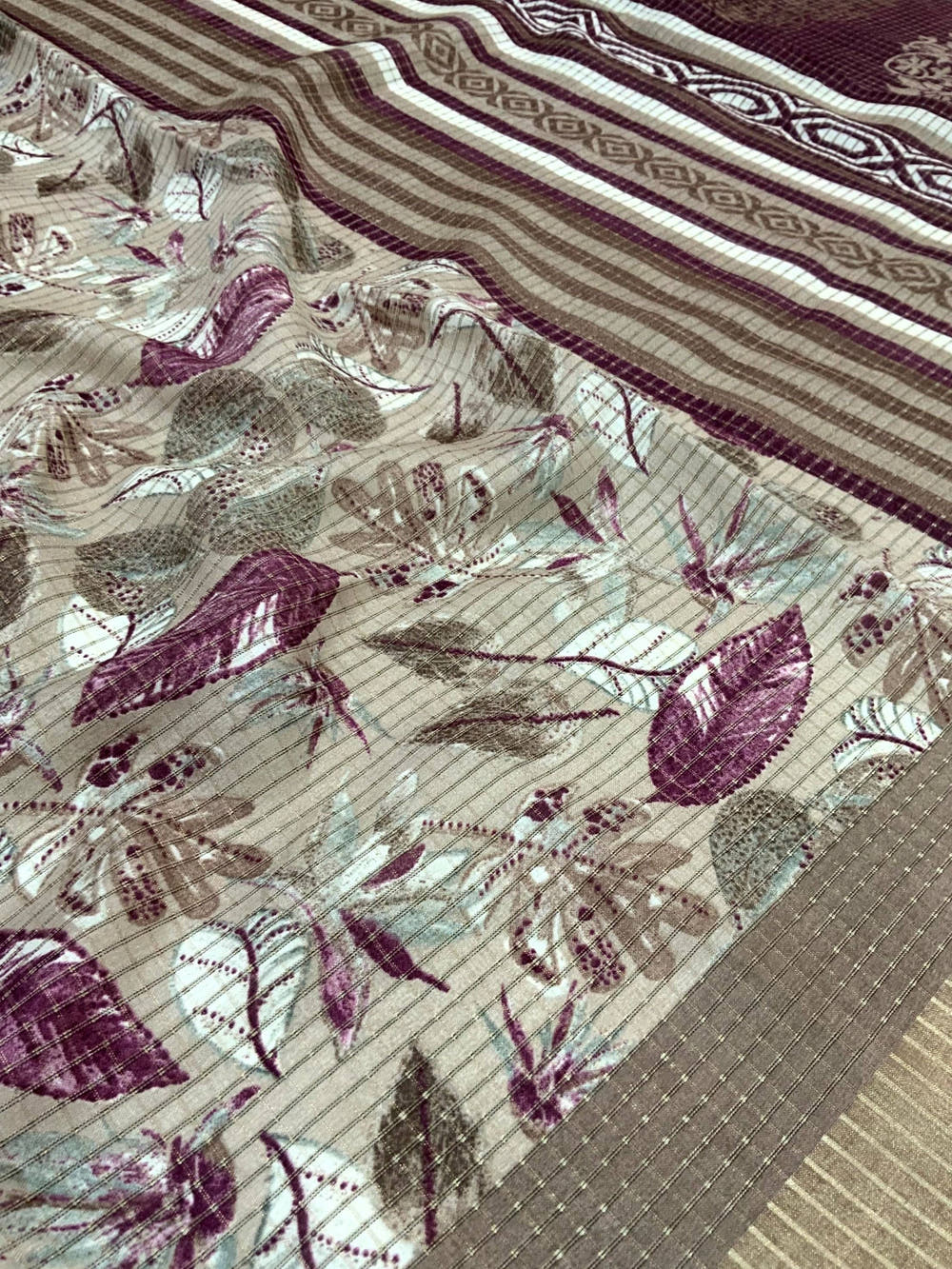 Taupe Tussar Chex Floral Print Saree