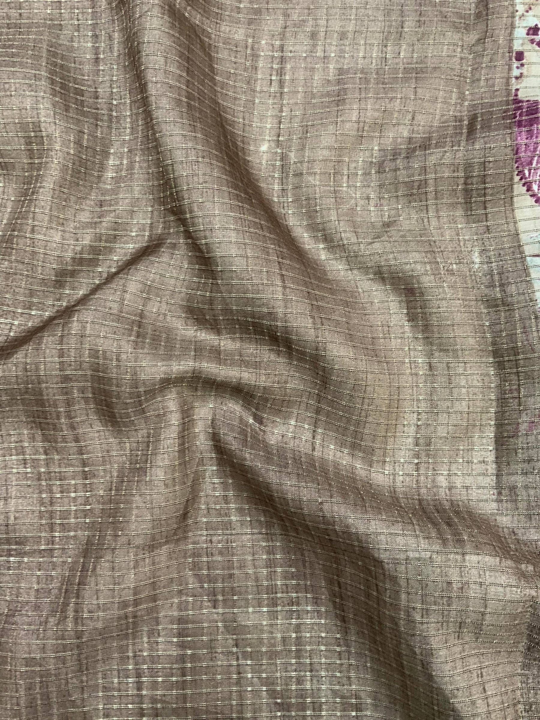 Taupe Tussar Chex Floral Print Saree