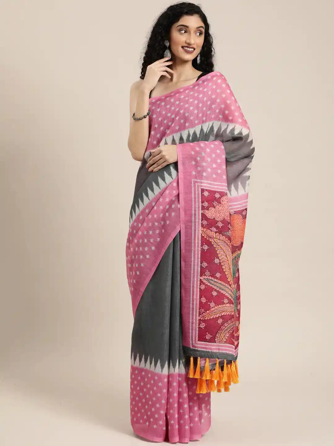 Grey Linen Blend Ikat & Kalamkari Print Saree