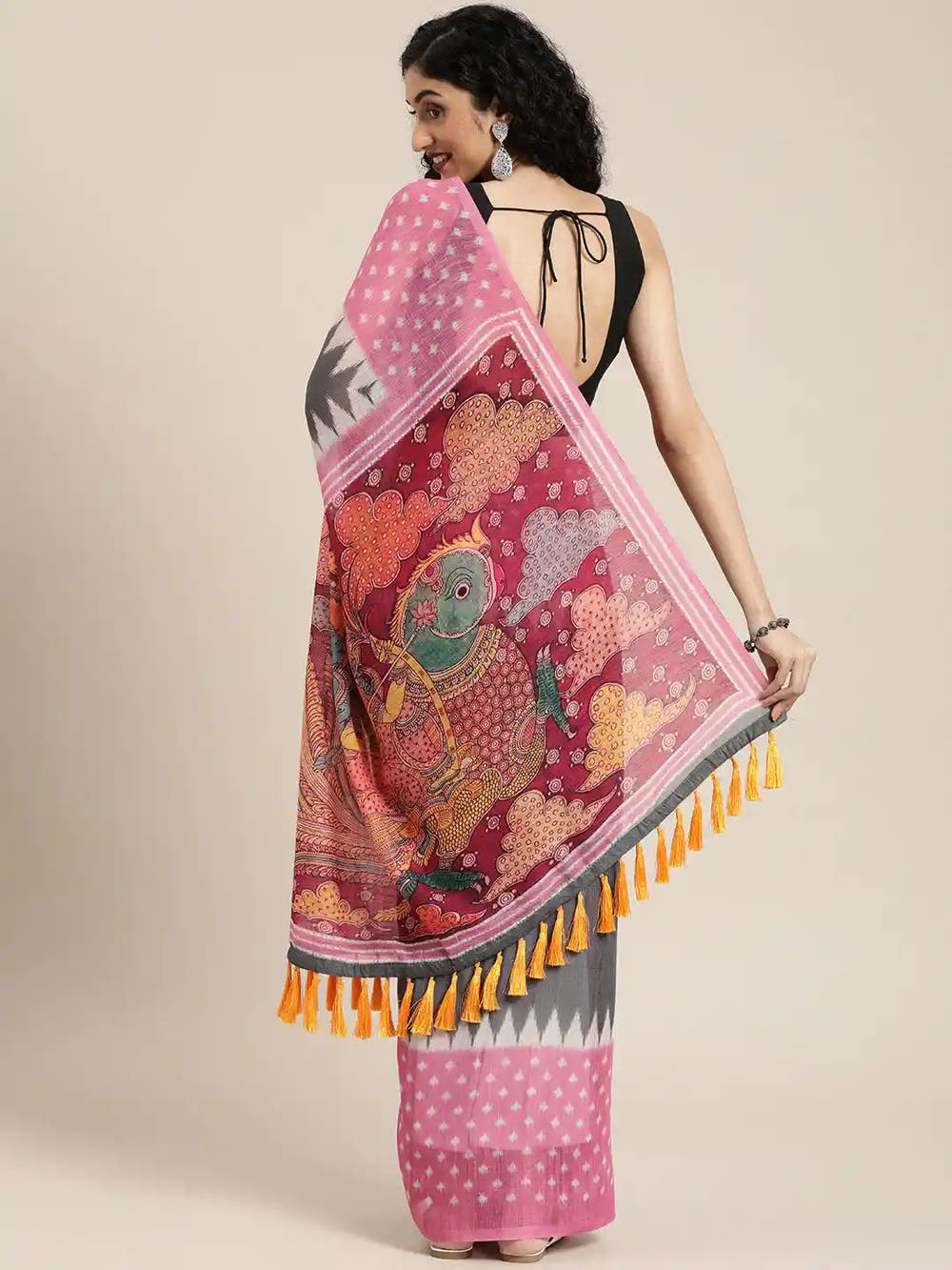 Grey Linen Blend Ikat & Kalamkari Print Saree