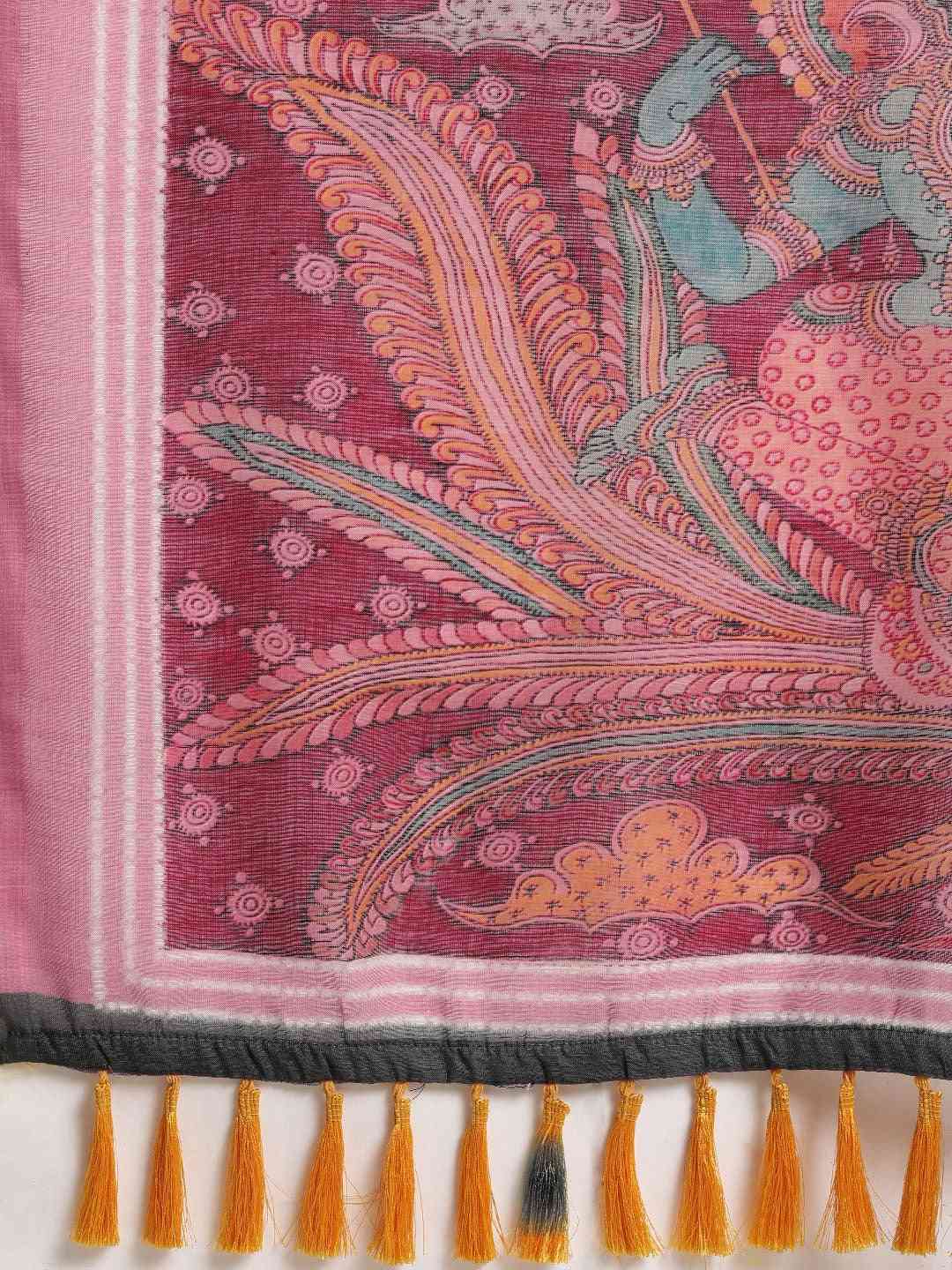 Grey Linen Blend Ikat & Kalamkari Print Saree