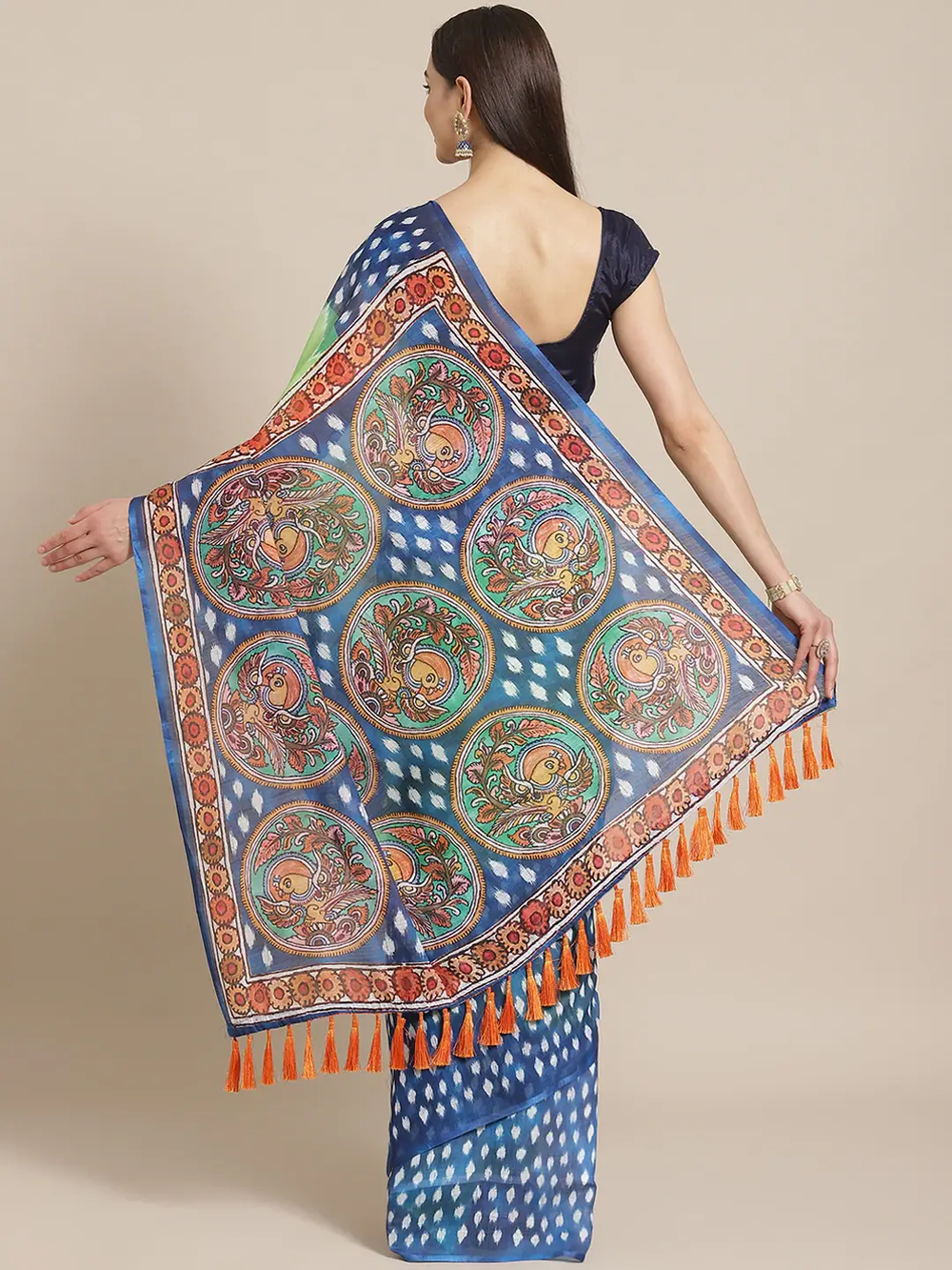 Lime Colour Soft Linen Ikkat Digital Print Saree With Kalamkari Pallu