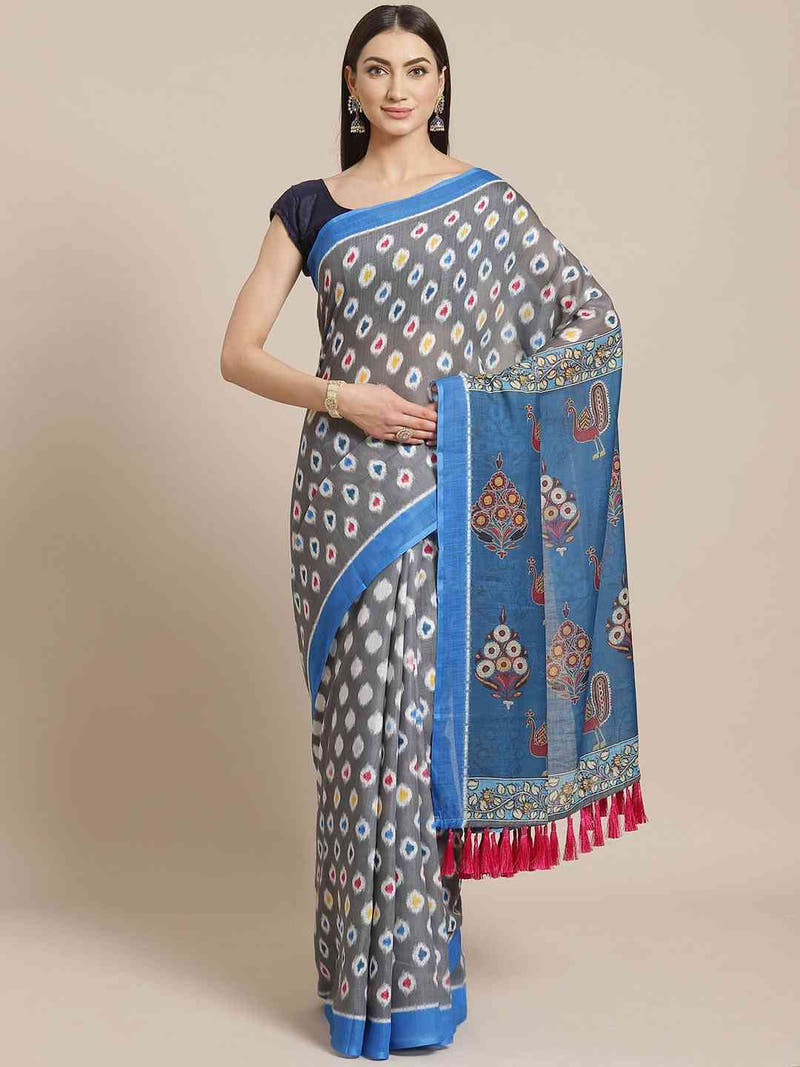 Grey Colour Soft Linen Ikkat Saree With Kalamkari Digital Print