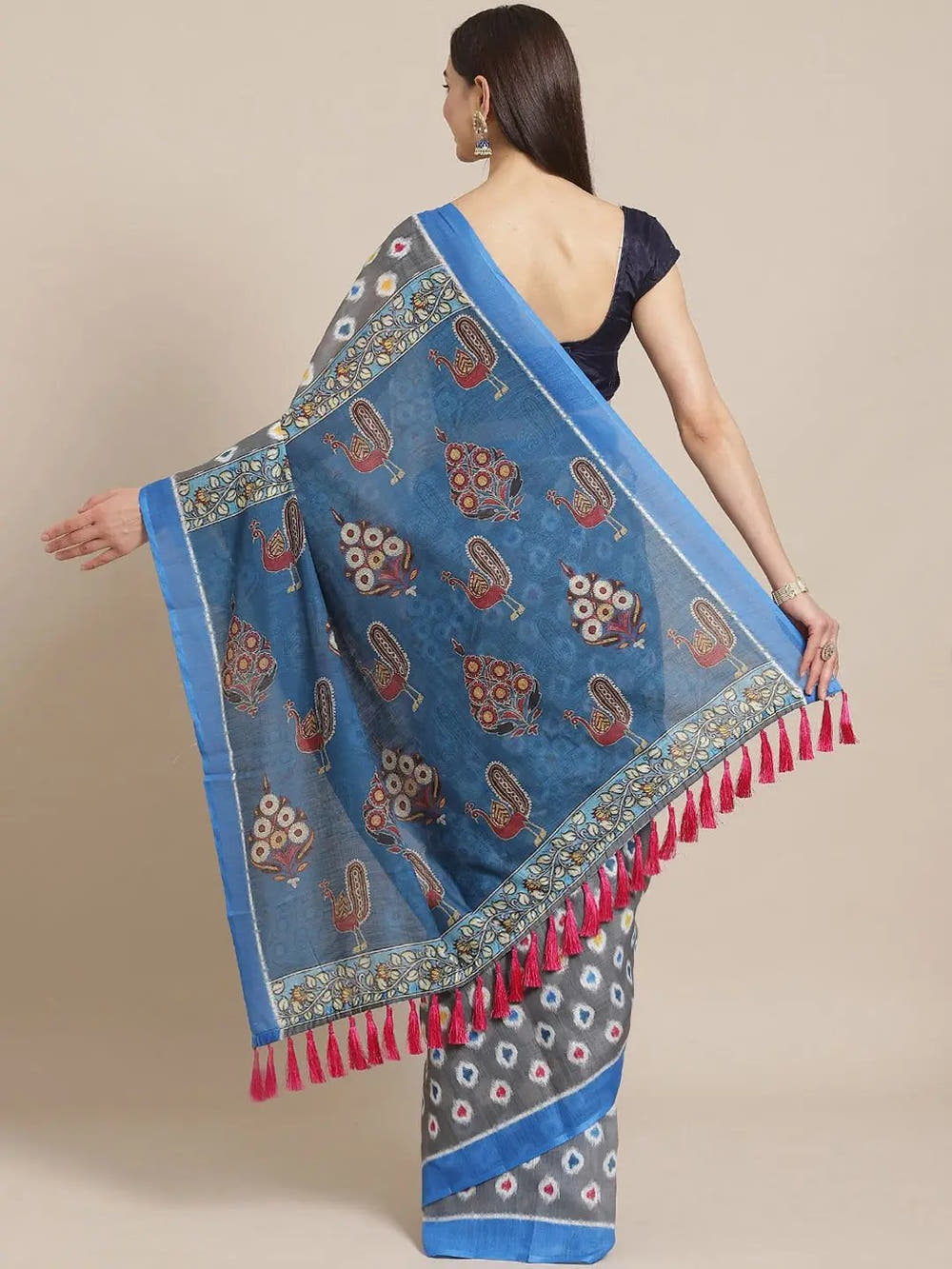 Grey Colour Soft Linen Ikkat Saree With Kalamkari Digital Print