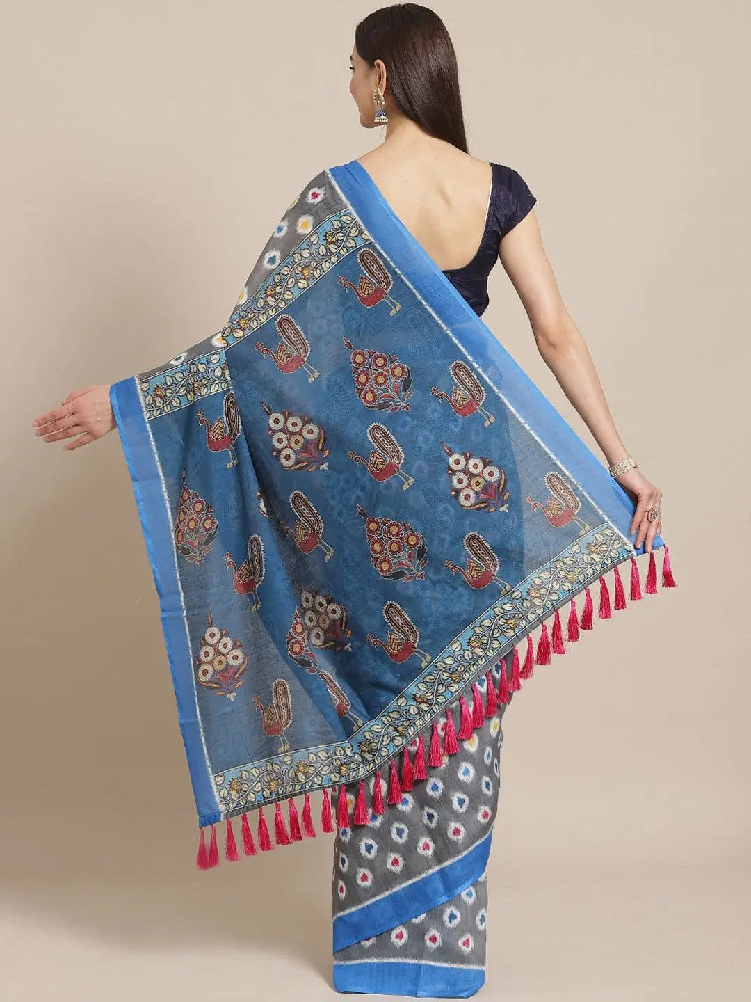 Grey Colour Soft Linen Ikkat Saree With Kalamkari Digital Print