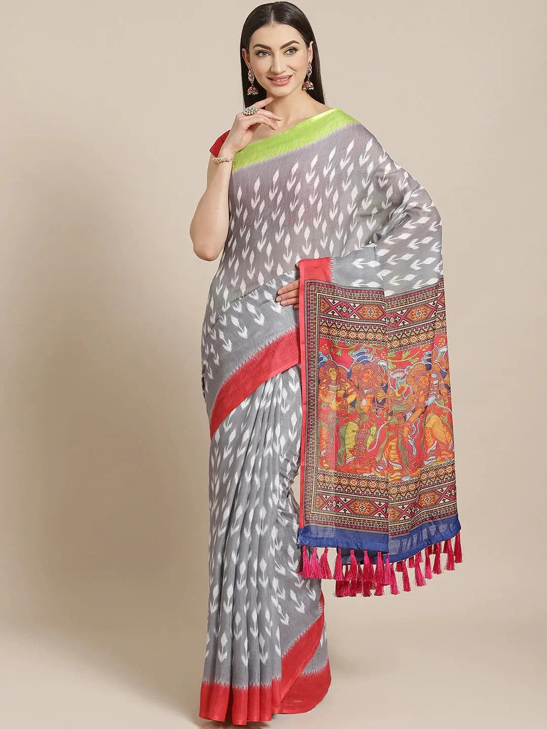 Grey Colour Soft Linen Ikkat Digital Print Saree With Kalamkari Pallu