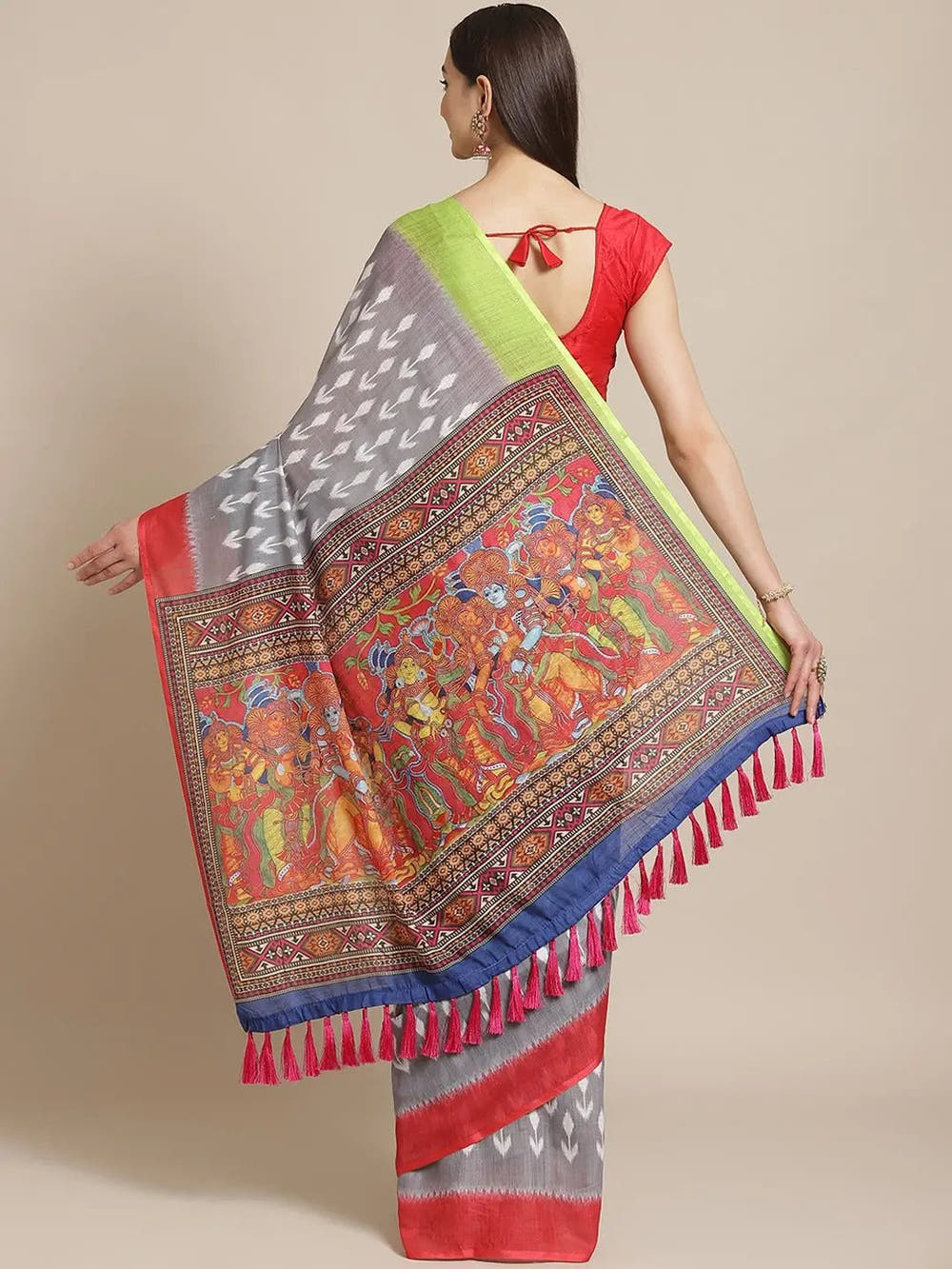 Grey Colour Soft Linen Ikkat Digital Print Saree With Kalamkari Pallu