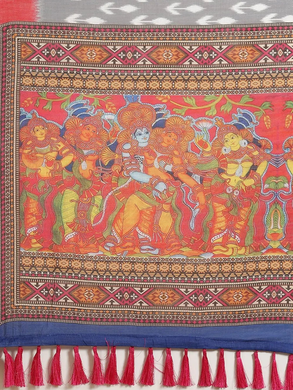 Grey Colour Soft Linen Ikkat Digital Print Saree With Kalamkari Pallu