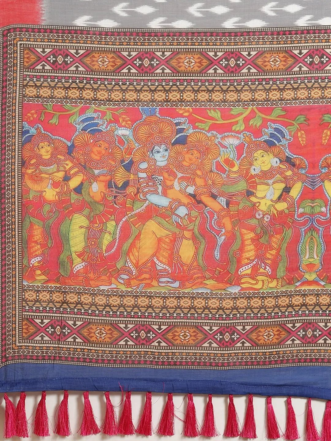 Grey Colour Soft Linen Ikkat Digital Print Saree With Kalamkari Pallu