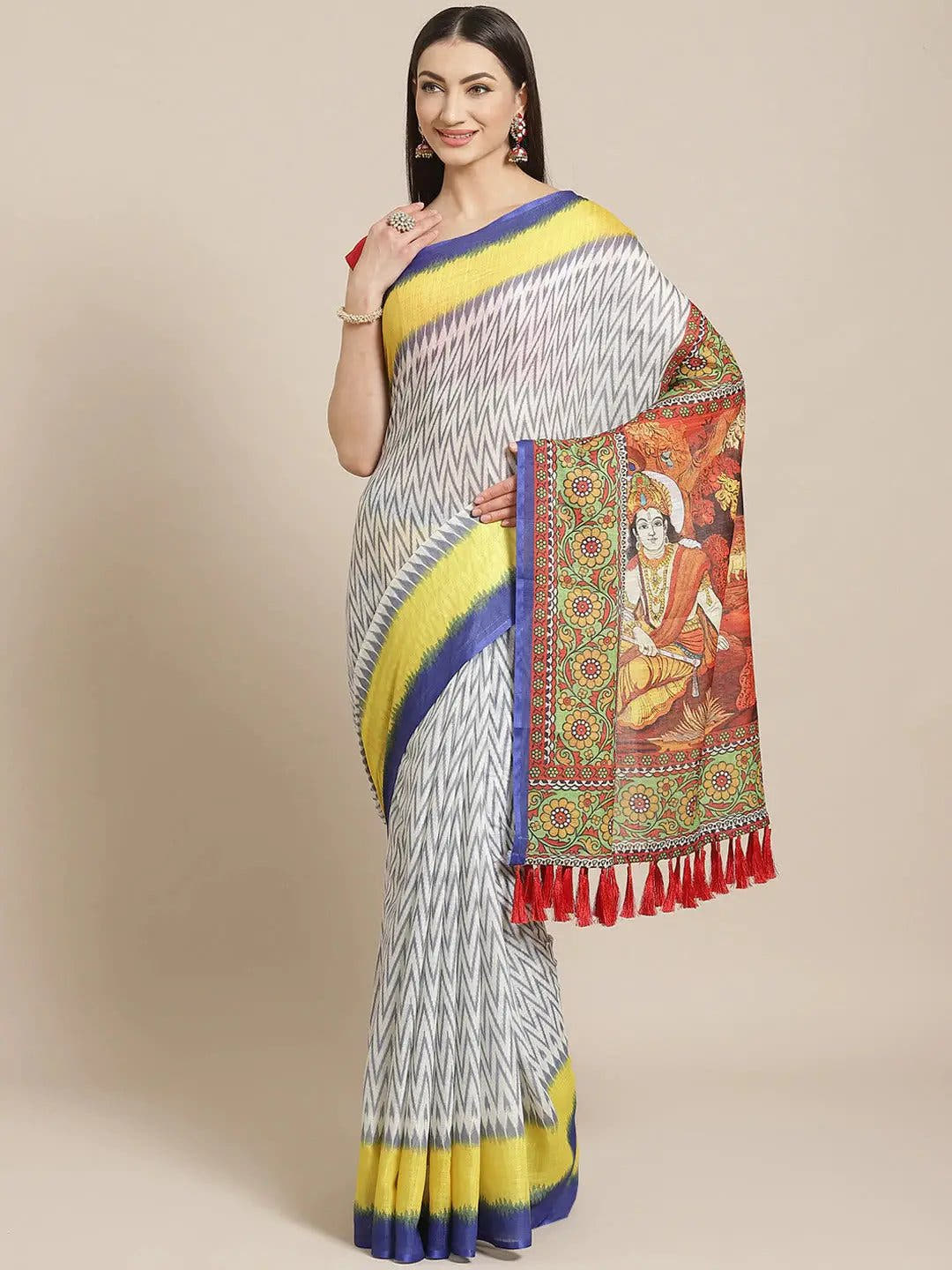 Soft Linen Ikkat Saree With Kalamkari Digital Print