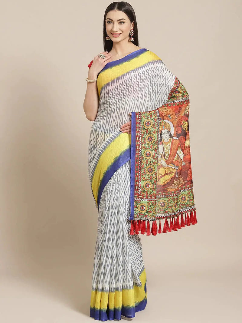 Soft Linen Ikkat Saree With Kalamkari Digital Print