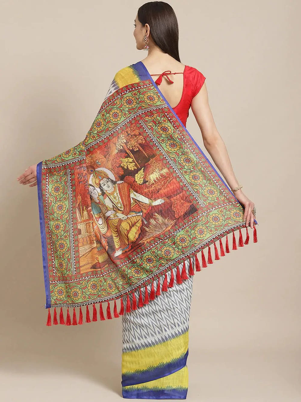 Soft Linen Ikkat Saree With Kalamkari Digital Print