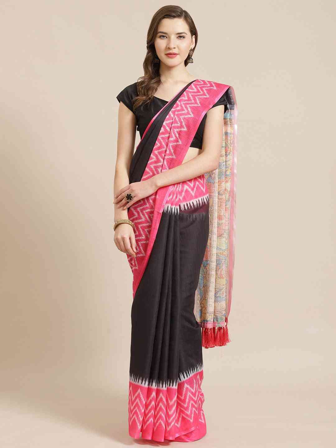 Black & Pink Solid Ikat & Kalamkari Print Saree