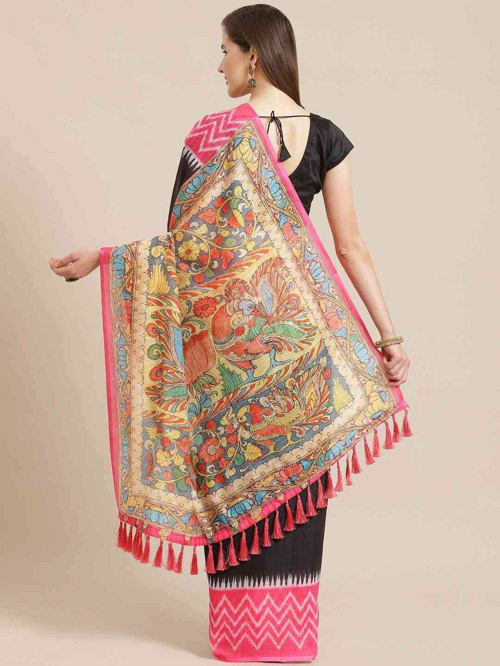 Black & Pink Solid Ikat & Kalamkari Print Saree