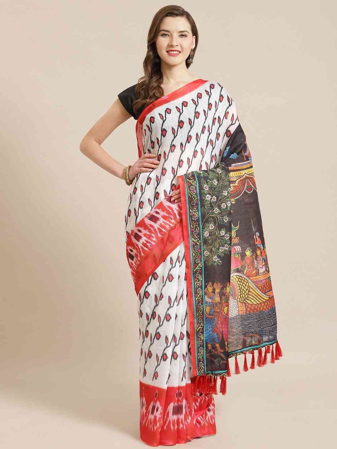 Ikat & Kalamkari Printed Charms in White & Red Saree