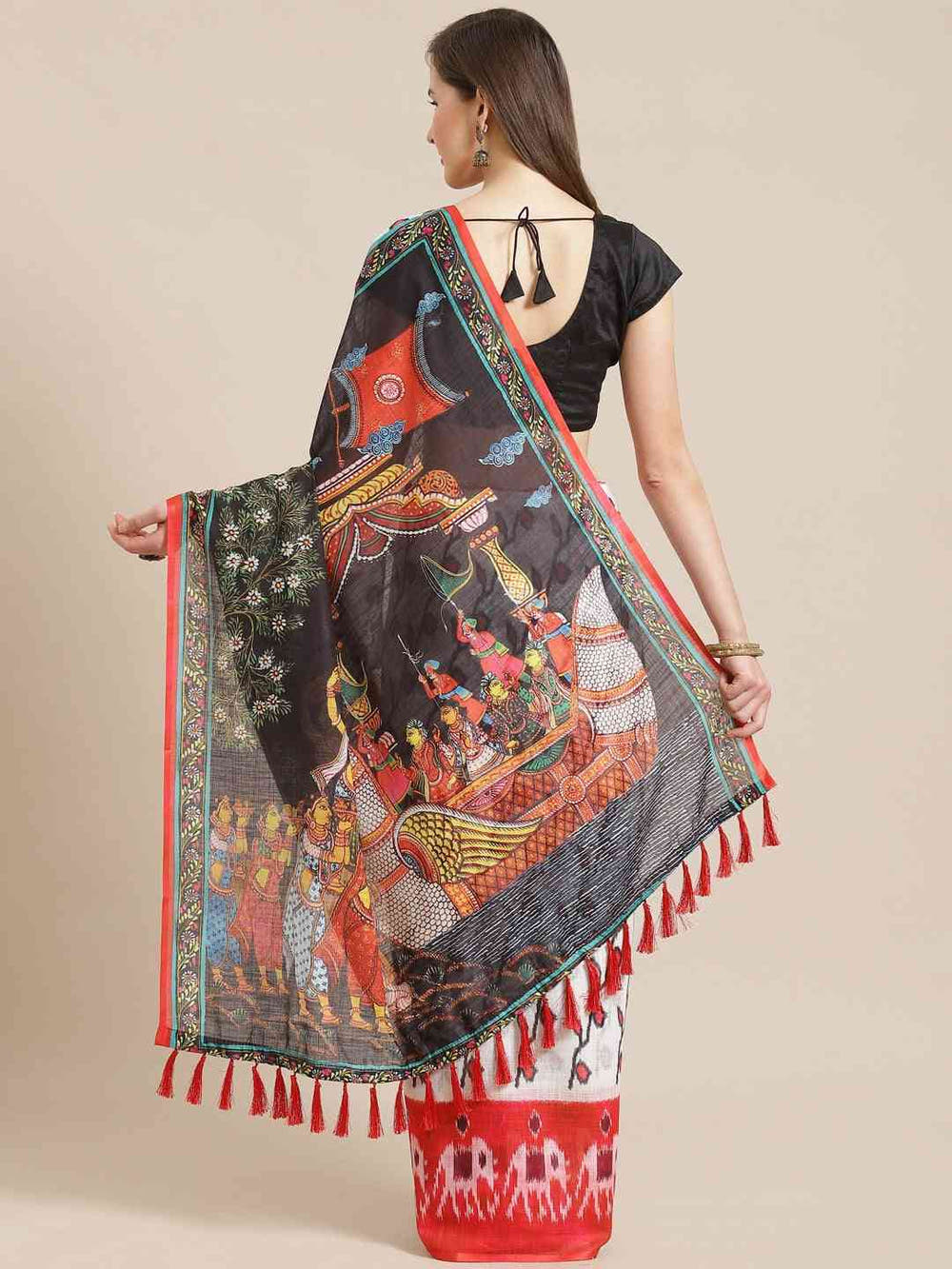 Ikat & Kalamkari Printed Charms in White & Red Saree