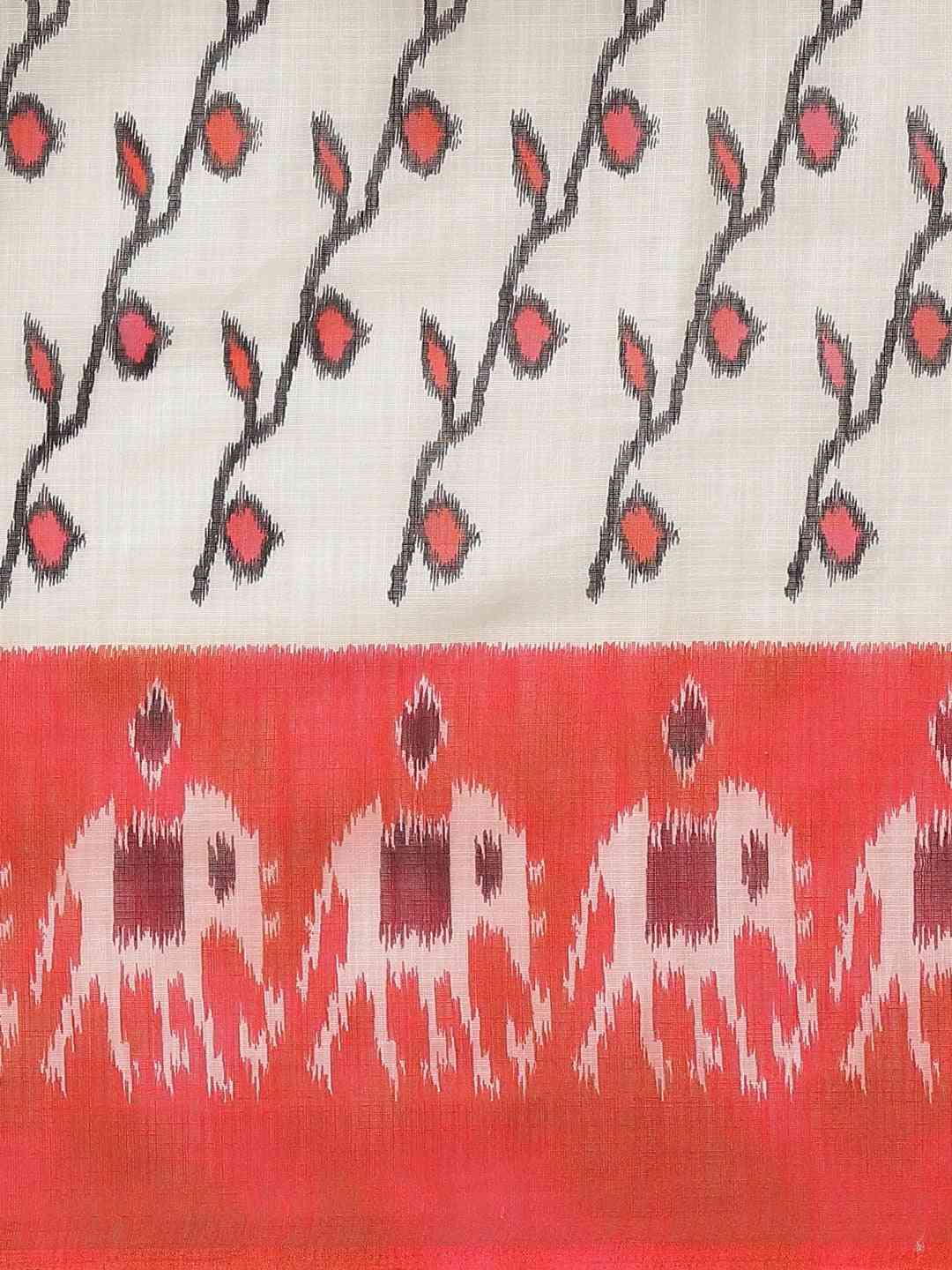 Ikat & Kalamkari Printed Charms in White & Red Saree