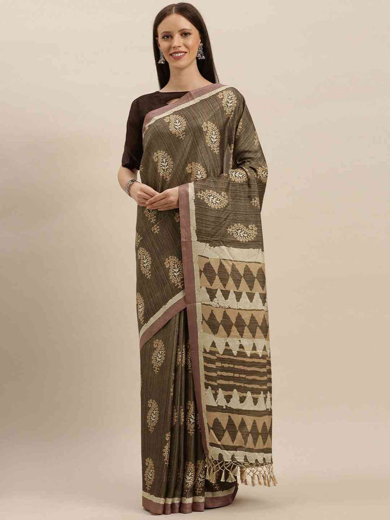 Brown & Beige Linen Blend Bagru Weave Saree
