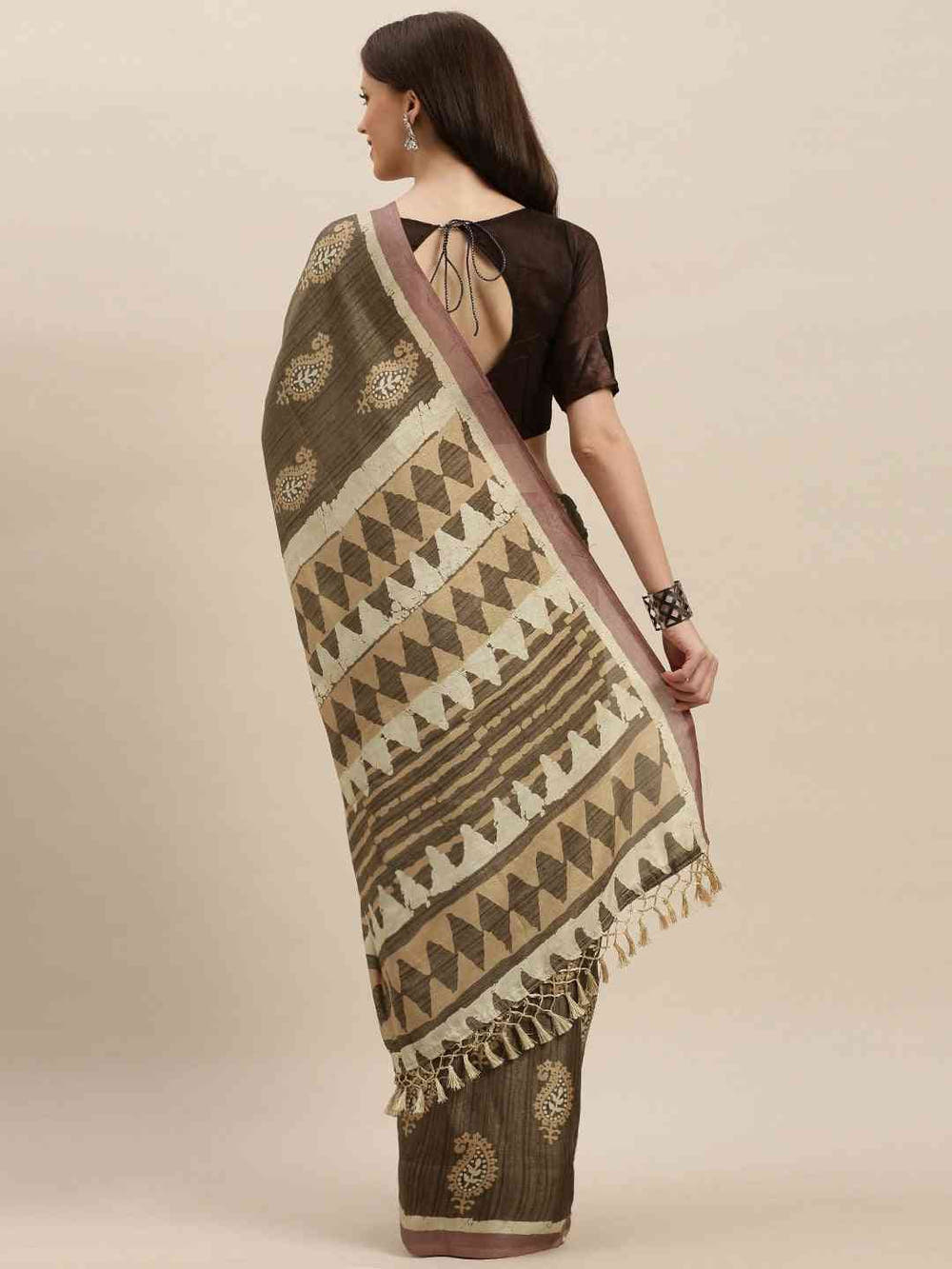 Brown & Beige Linen Blend Bagru Weave Saree