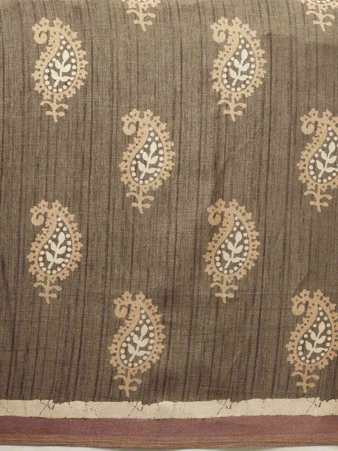 Brown & Beige Linen Blend Bagru Weave Saree