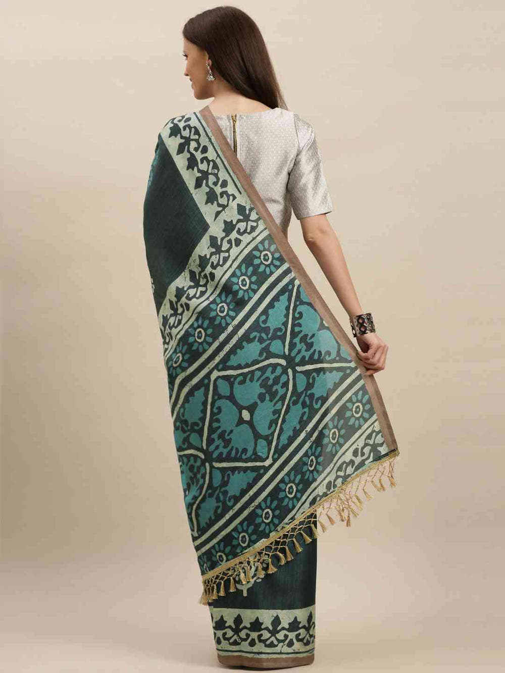 Grey & Blue Linen Blend Bagru Sare