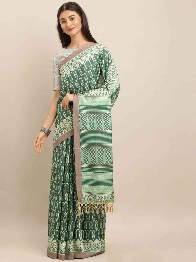 Green & Brown Linen Blend Printed Bagru Saree