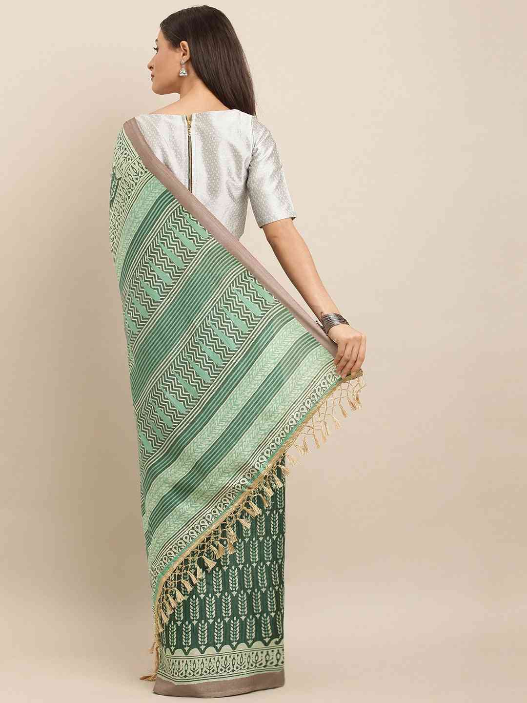 Green & Brown Linen Blend Printed Bagru Saree