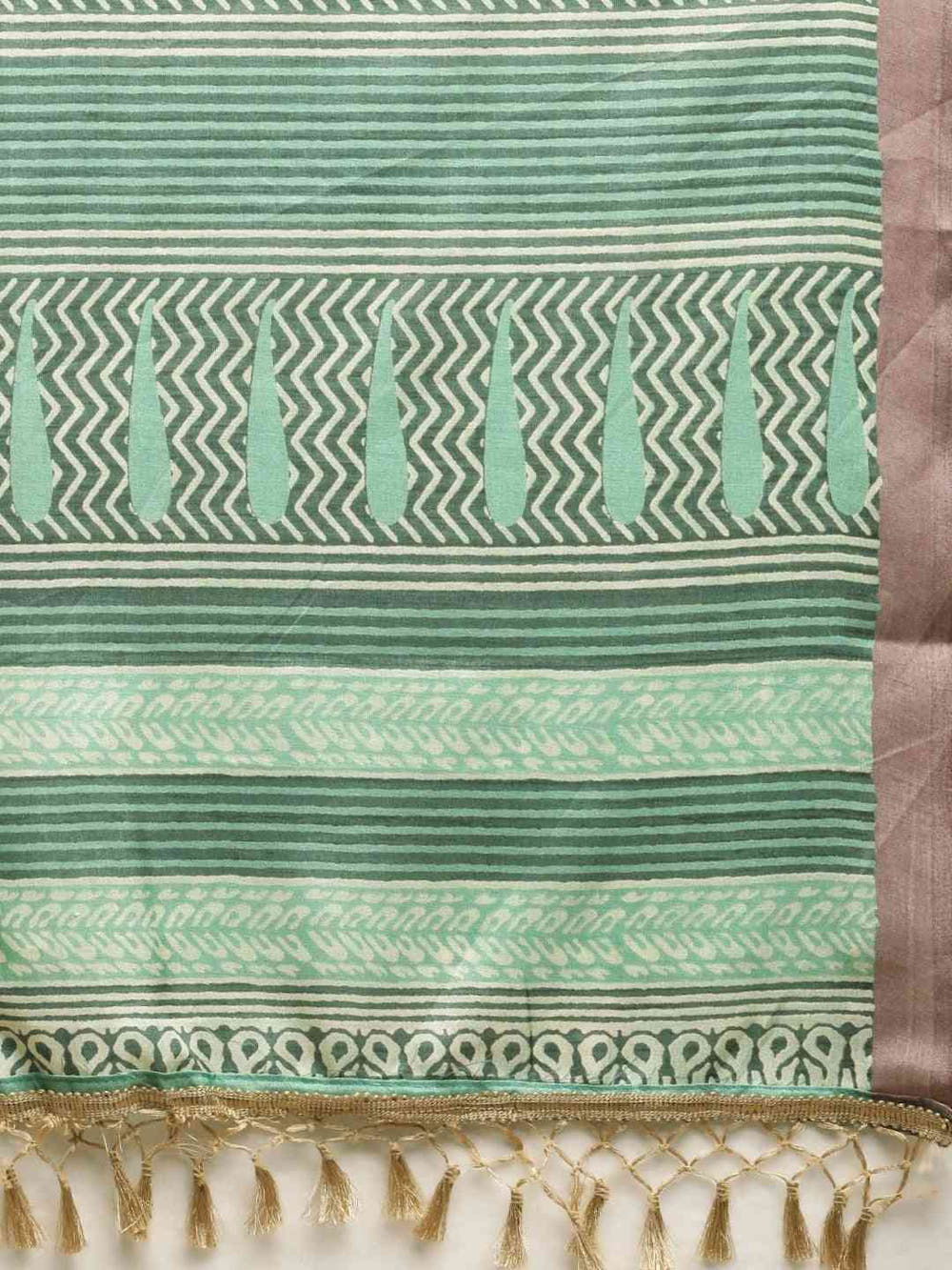 Green & Brown Linen Blend Printed Bagru Saree
