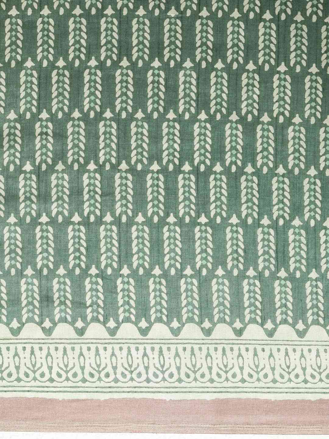 Green & Brown Linen Blend Printed Bagru Saree