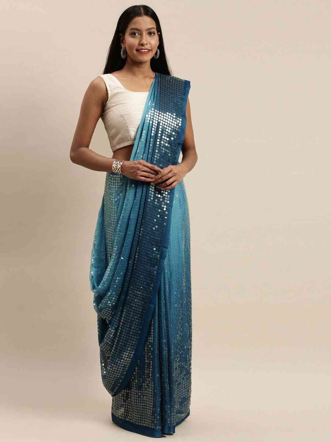 Design Ombre Blue Colour Two Tone Sequence Saree