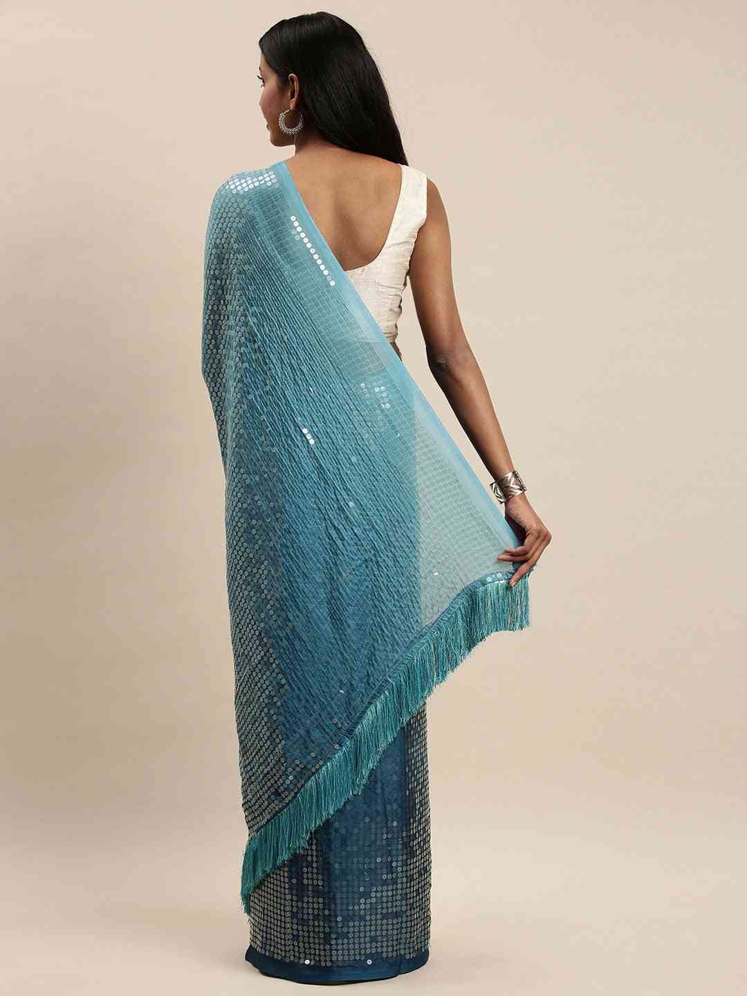 Design Ombre Blue Colour Two Tone Sequence Saree