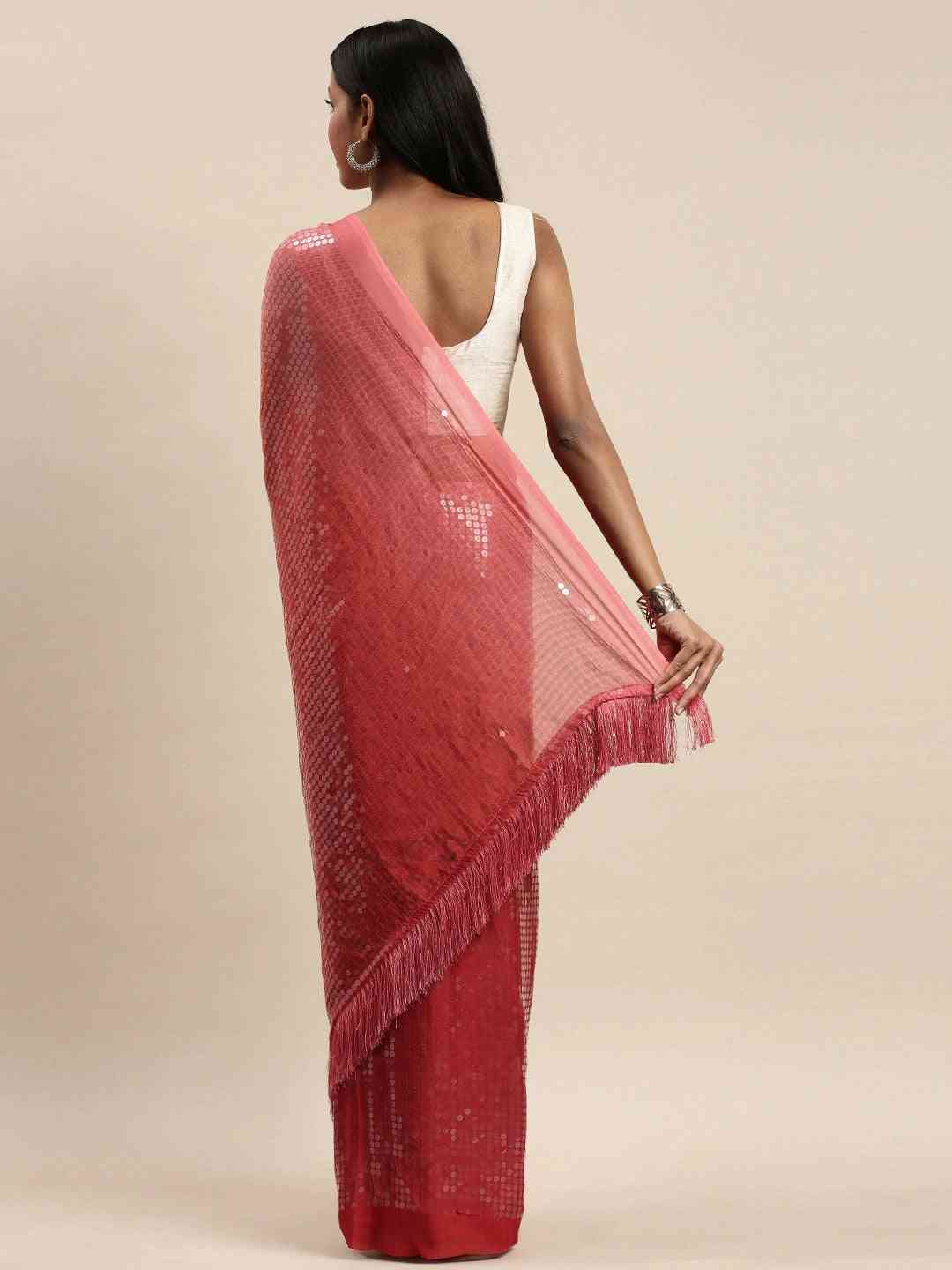 Design Ombre Red Colour Two Tone Sequence Saree