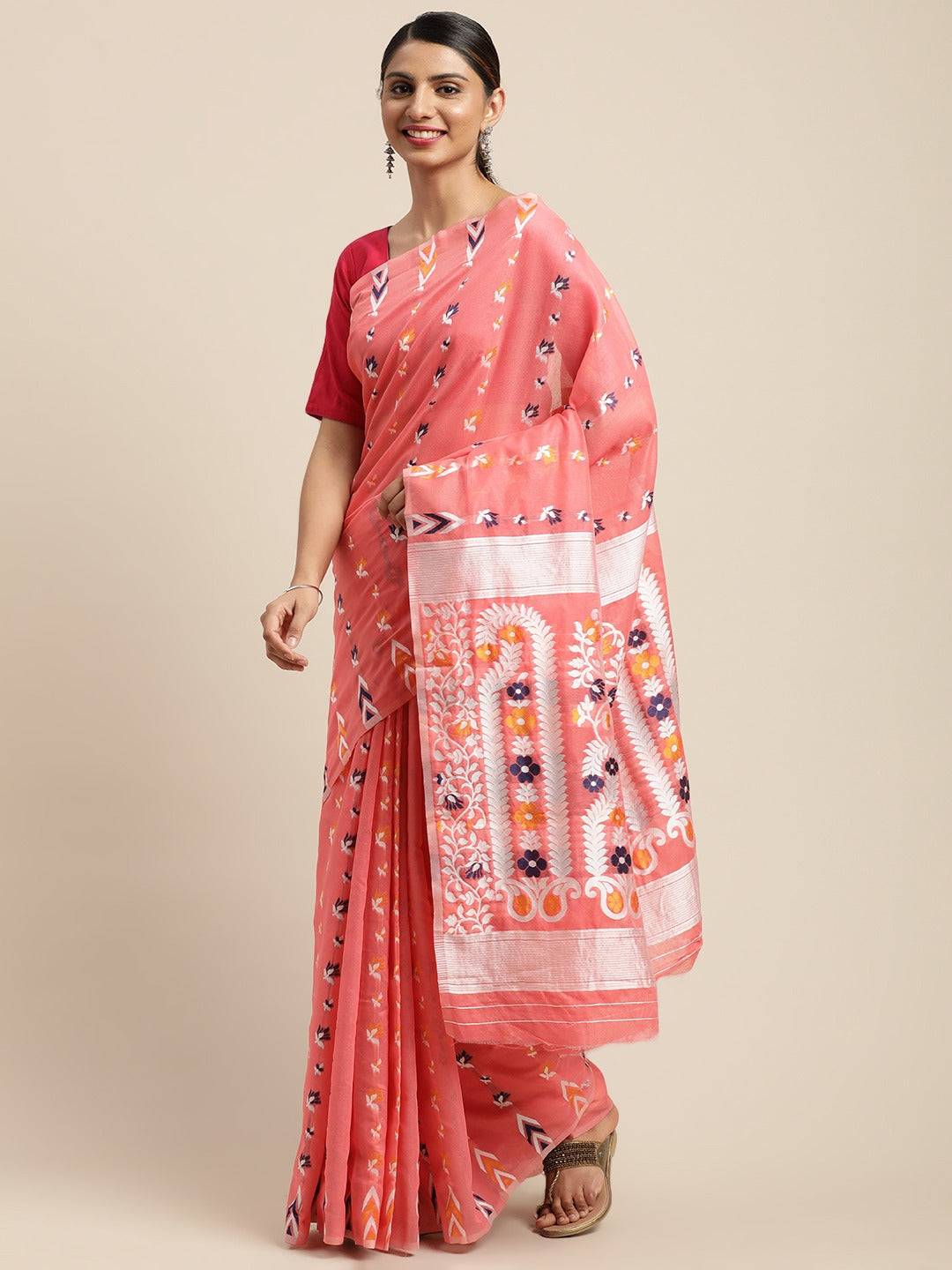 Coral Pink Dhakai Jamdani Light Weight Saree