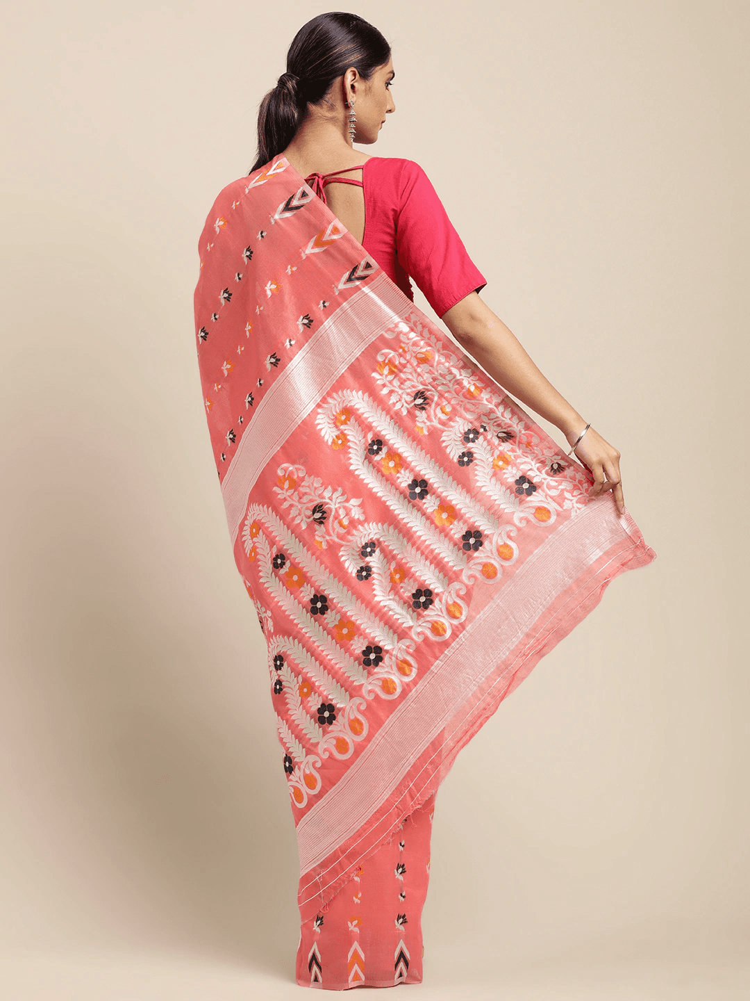 Coral Pink Dhakai Jamdani Light Weight Saree