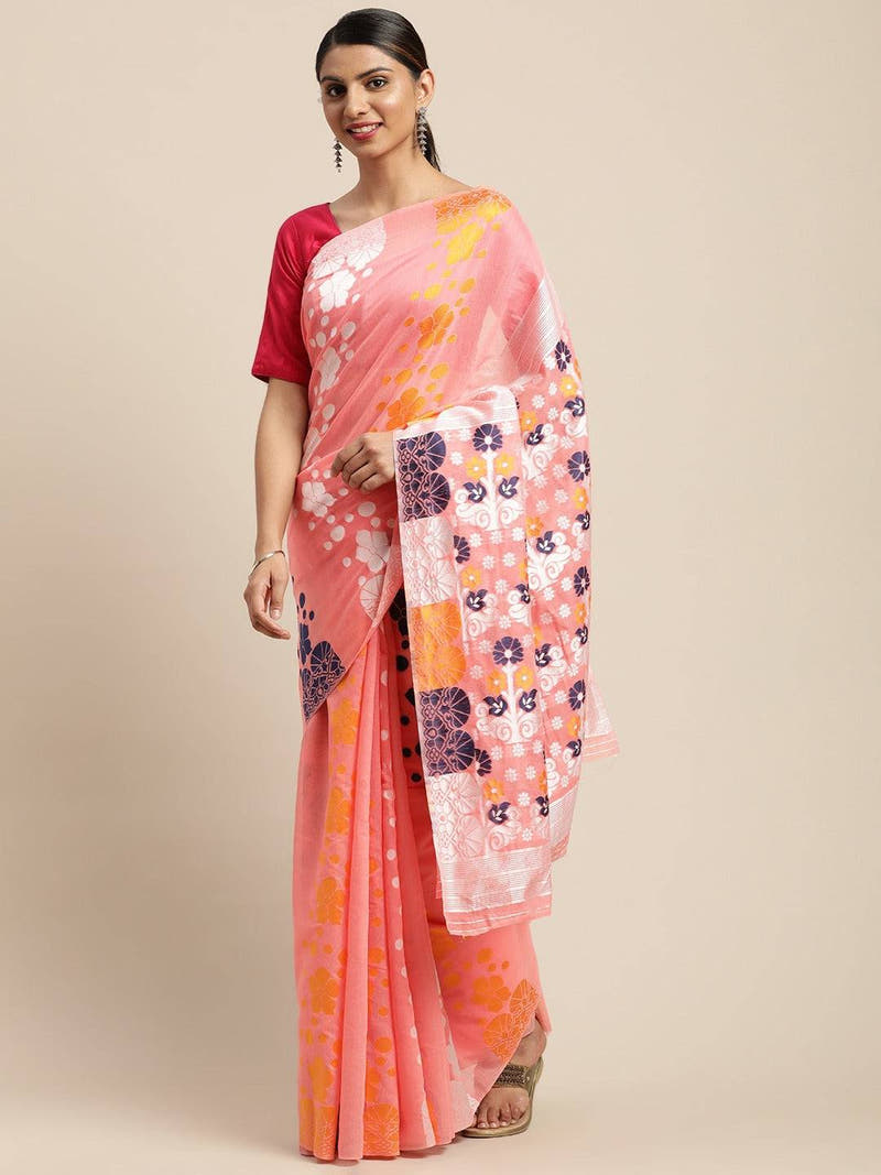 Deep Pink Dhakai Jamdani Cotton Silk Saree