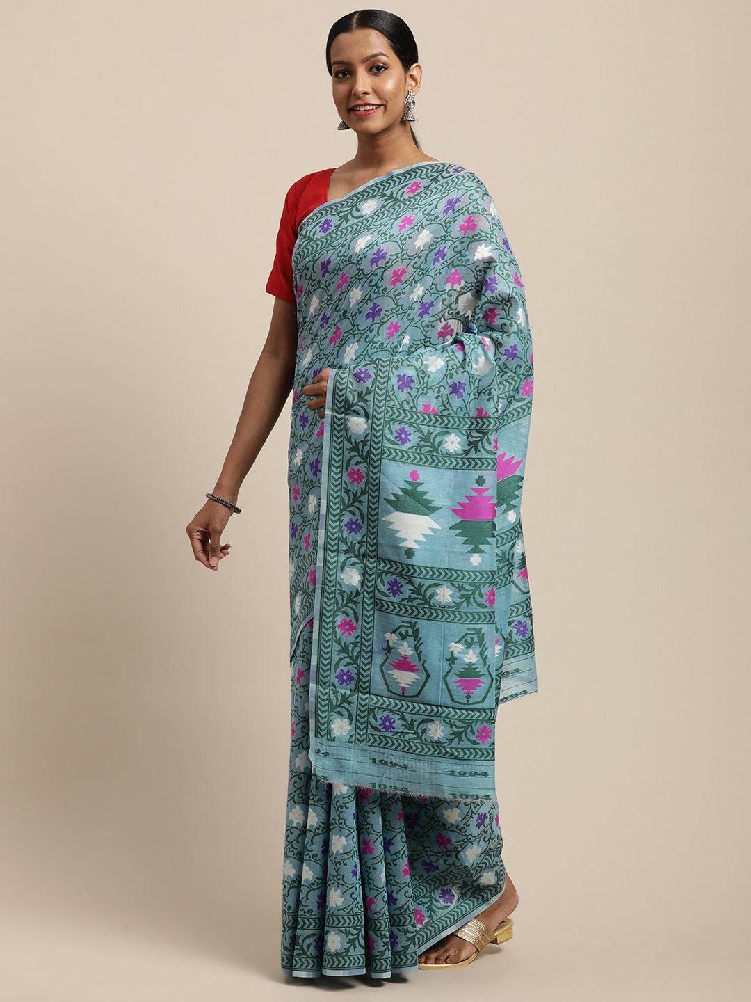 Slate Blue Dhakai Jamdani Cotton Silk Saree