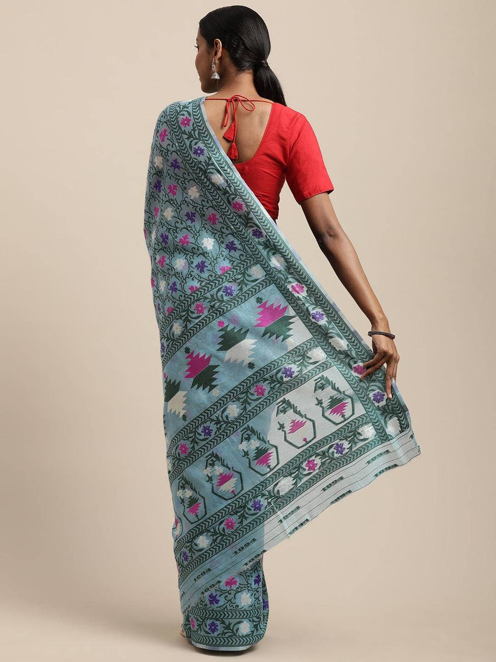Slate Blue Dhakai Jamdani Cotton Silk Saree
