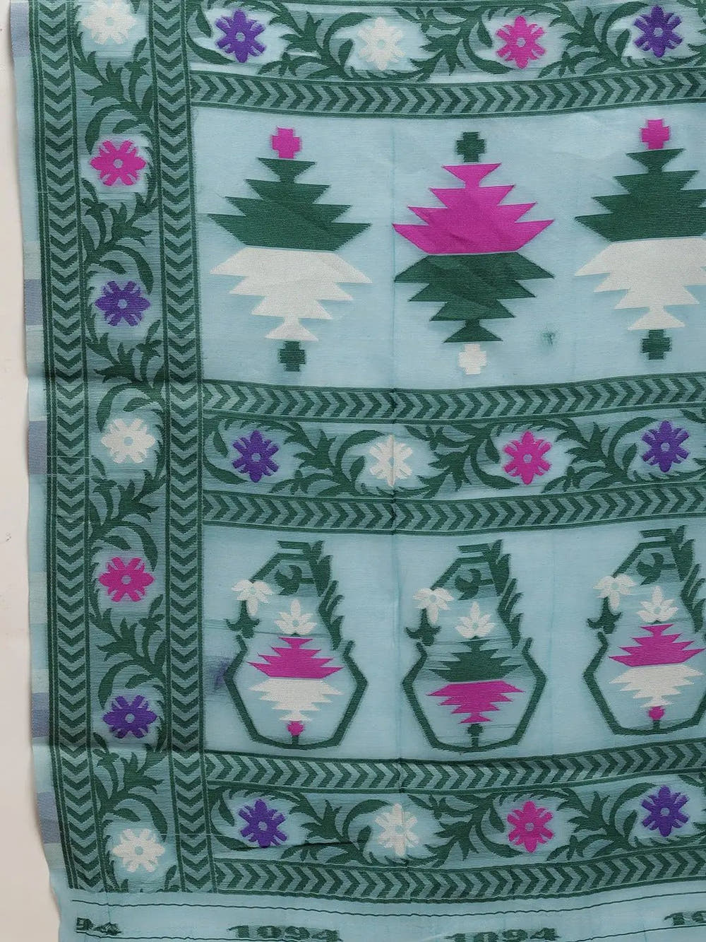 Slate Blue Dhakai Jamdani Cotton Silk Saree