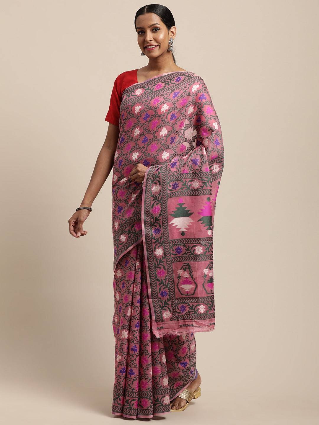 Dusty Pink Dhakai Jamdani Cotton Silk Saree