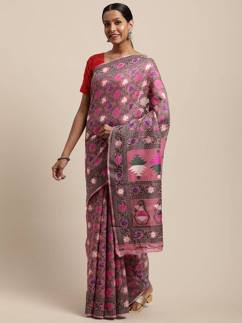 Dusty Pink Dhakai Jamdani Cotton Silk Saree