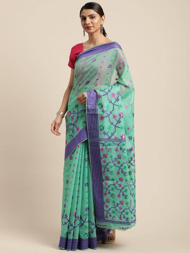 Sea Green Dhakai Jamdani Light Weight Saree