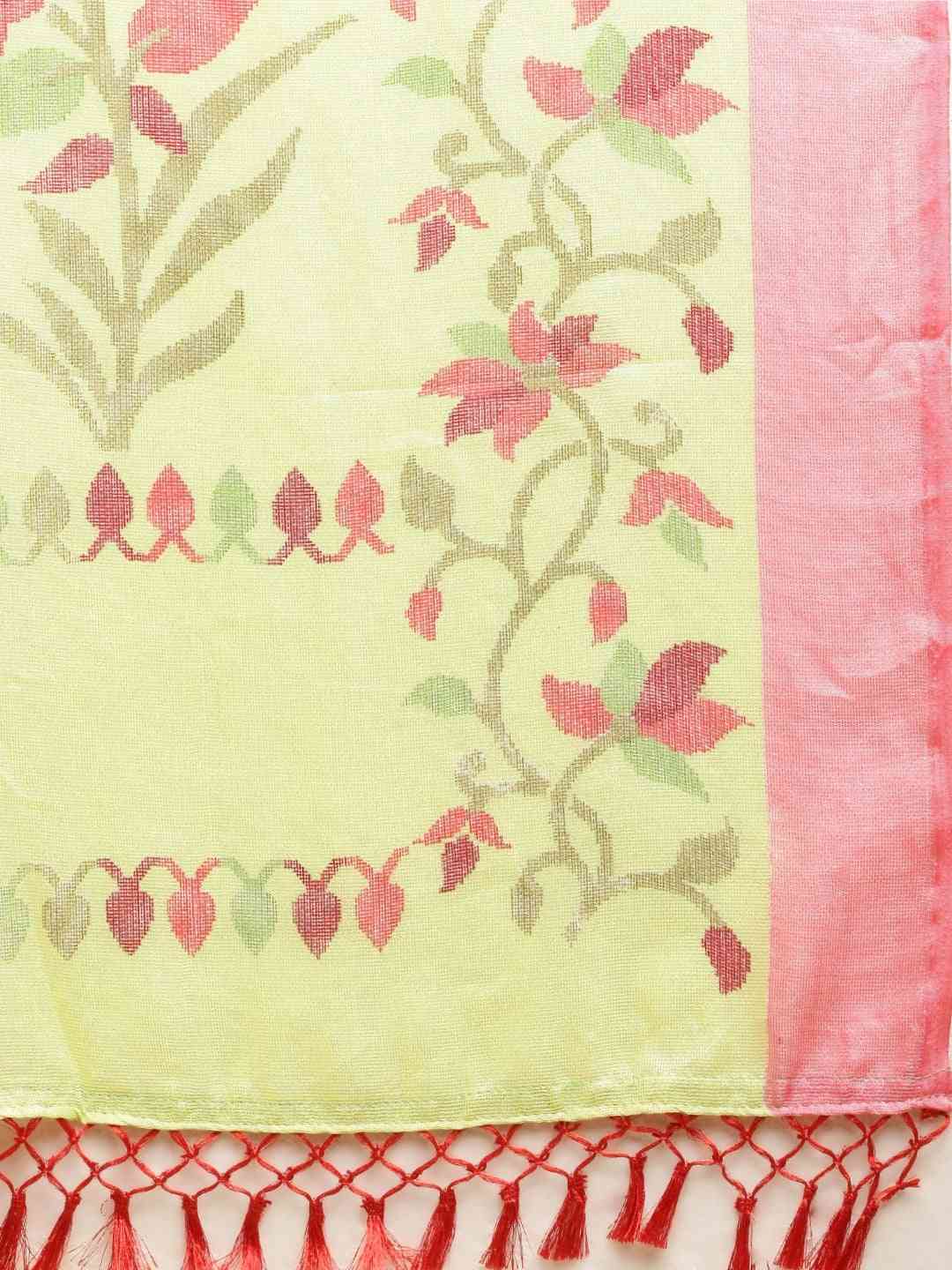 Jamdani Light Green Colour Floral Print Solid Saree