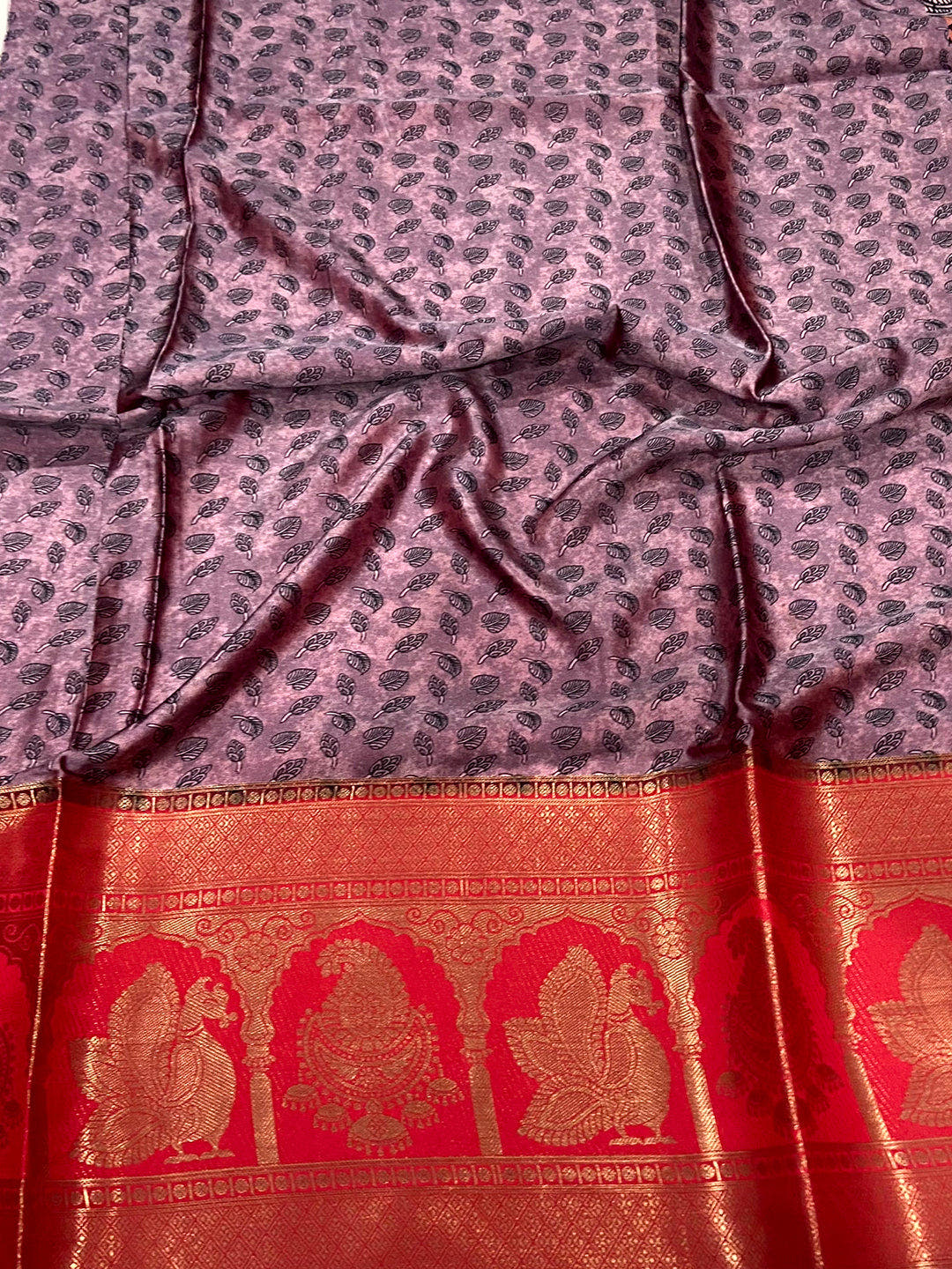 Cherry Satin Silk Kalamkari Saree